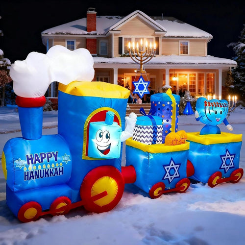 Inflatable blue and white Hanukkah train with a menorah and dreidels in front of a house