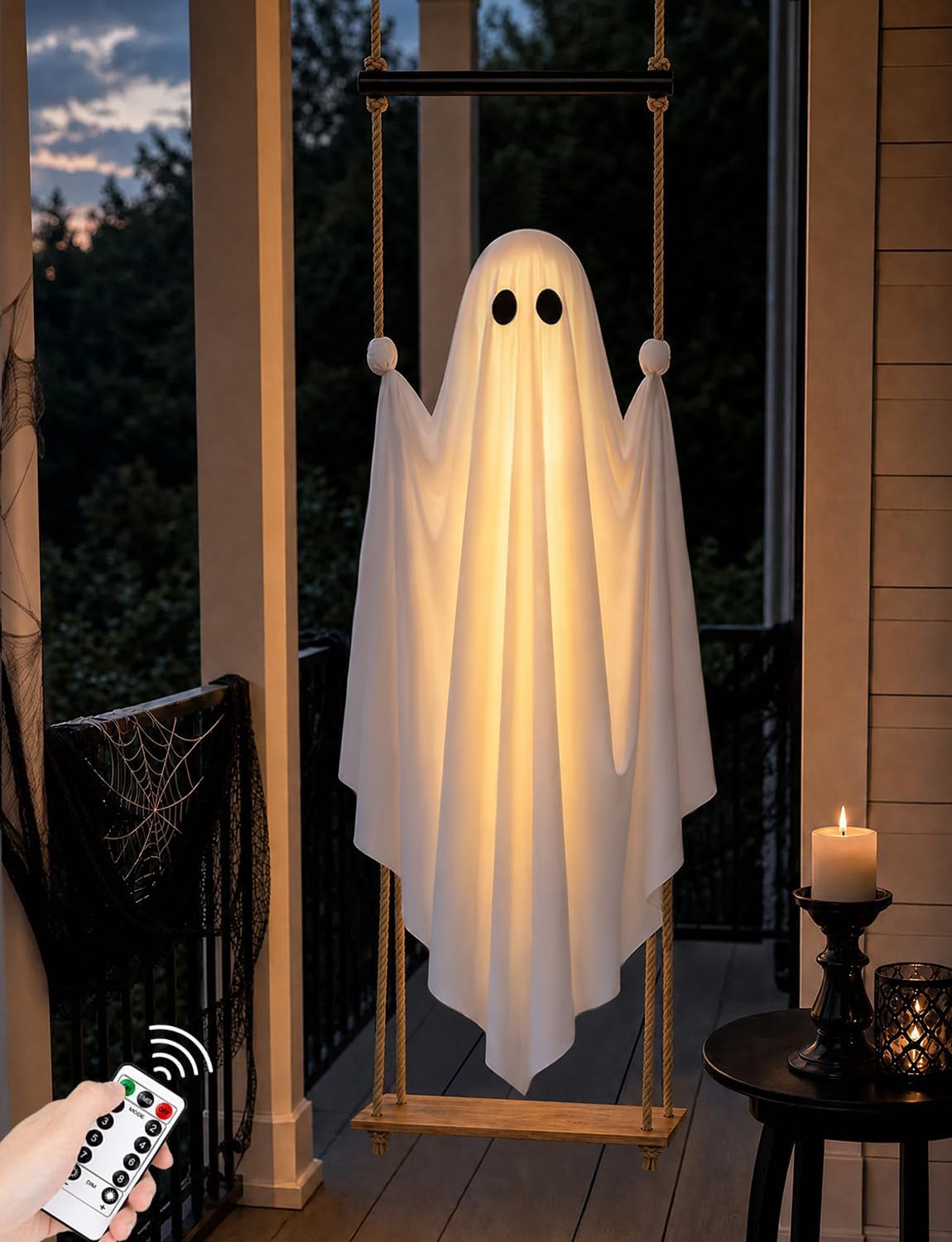 Halloween Decorations Outdoor 4.6FT Large Pre-Assembled Hanging Swing Ghost / ready-to-hang ghost,remote waterproof light...
