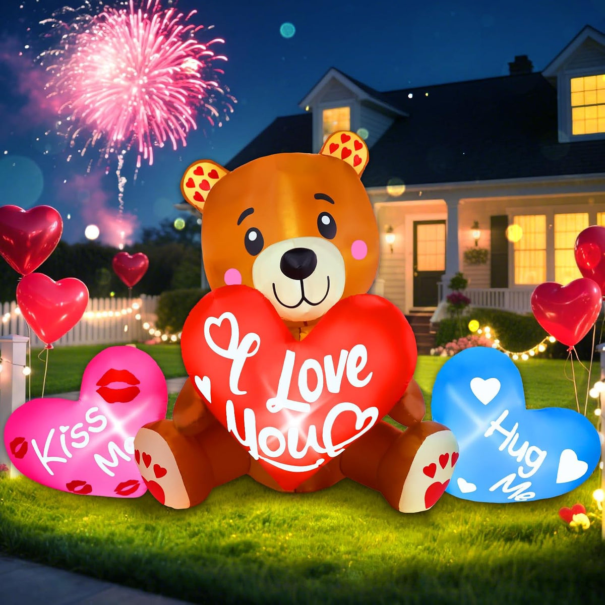 10FT Valentine Inflatables Outdoor Decorations Large Teddy Bear with Hearts Valentines Day Blow Up Inflatable