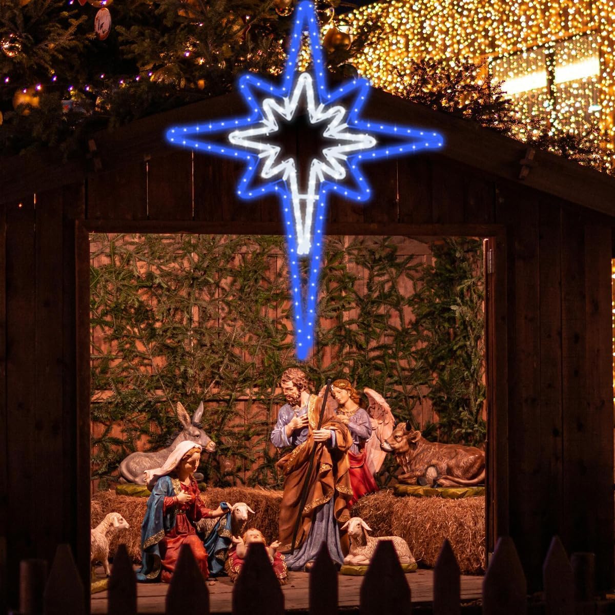 Large 43"x32" Twinkle 216 LED Bethlehem Star,Super-Bright Blue and White LEDs Outdoor Christmas Decoration