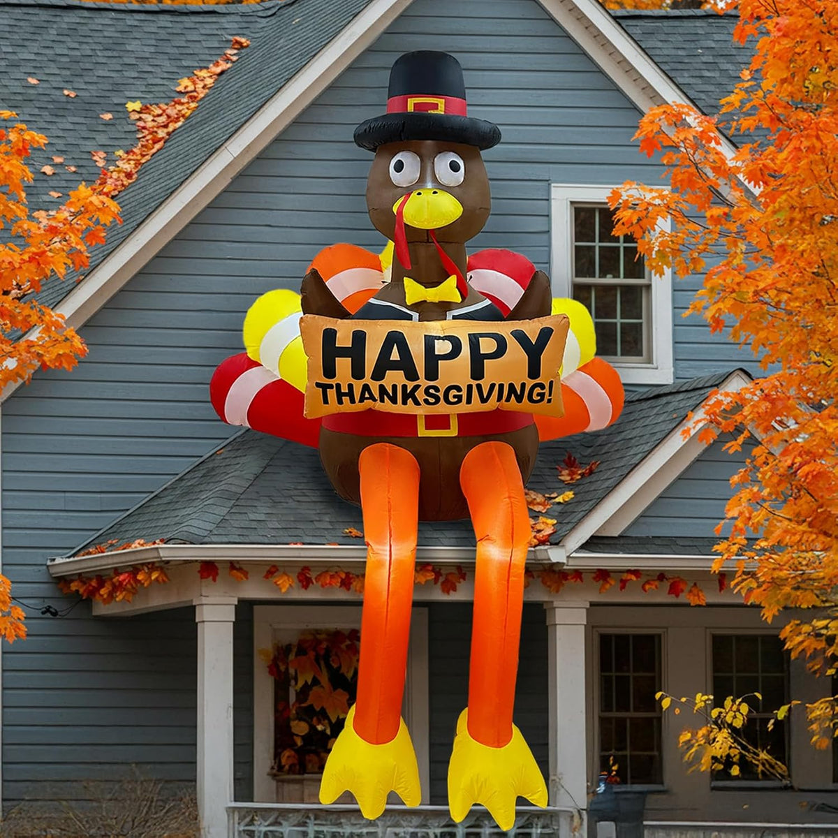 AerWo 8 FT Inflatable Turkey, Thanksgiving Inflatables Outdoor Decorations / Sitting Turkey with Pilgrim Ha