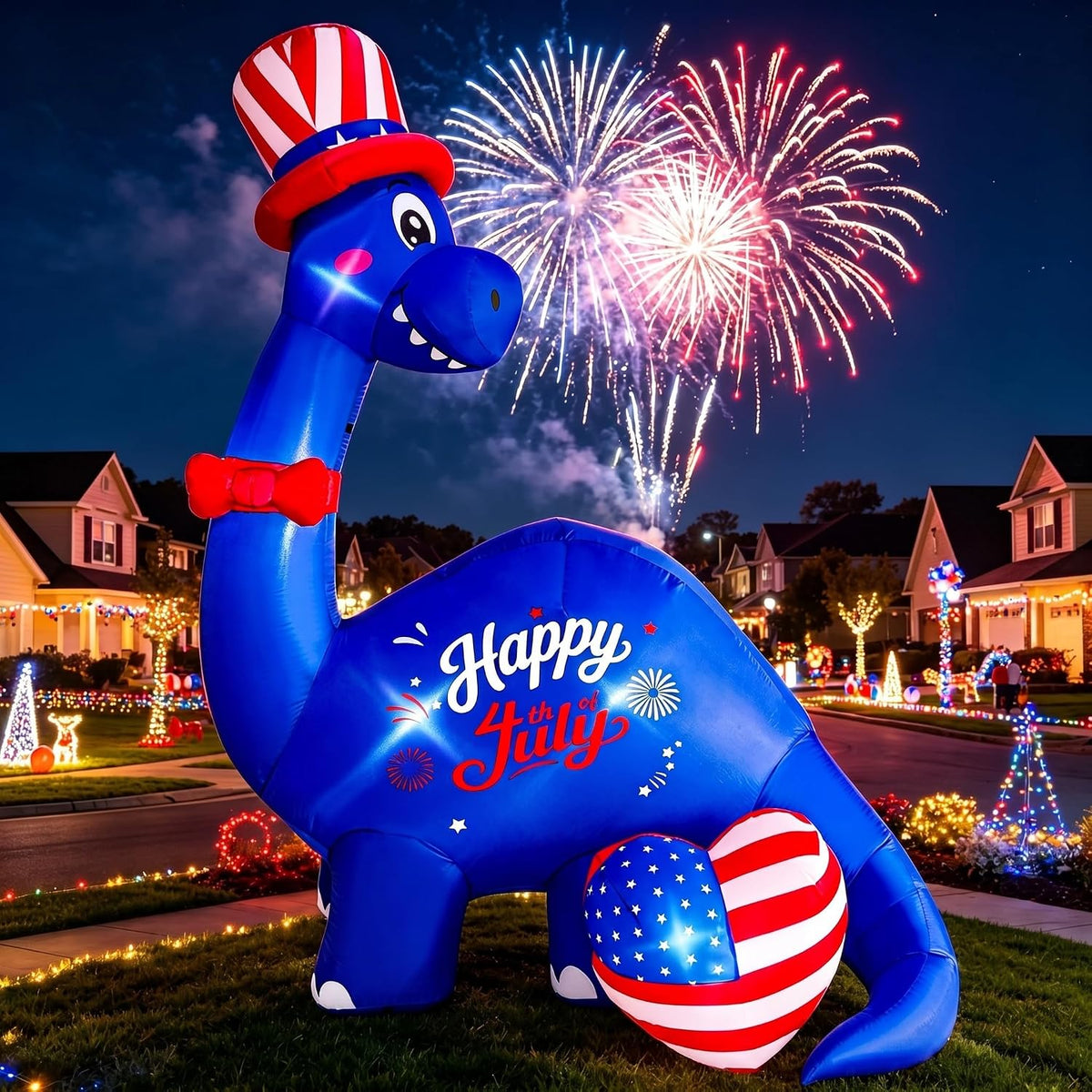 8FT Patriotic Dinosaur Inflatable 4th of July Brachiosaurus Built-in Lights / Top Hat Bow Tie & Heart