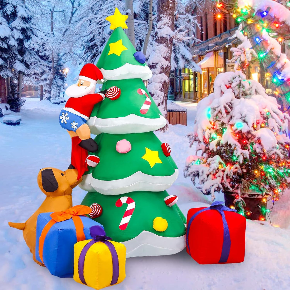 Aoibox 7FT Inflatables Lighted Christmas Tree, Dog Chasing Santa Claus, Blow Up Cute Funny Indoor Outdoor