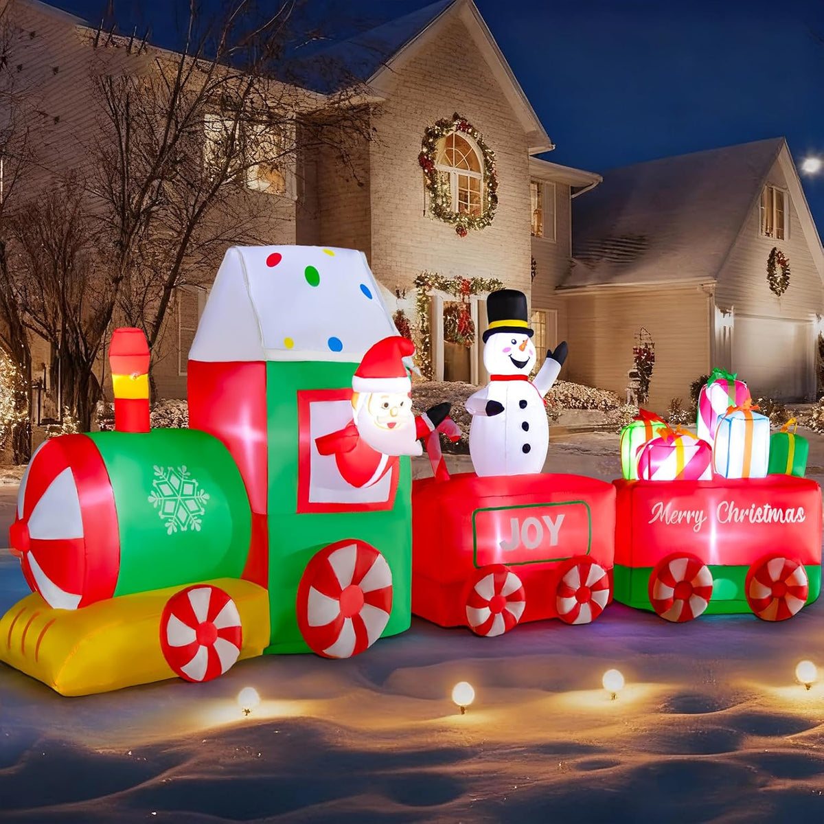 12ft Christmas Inflatables Train with Santa Claus, Christmas Blow Up Yard Decorations with Built-in LED,