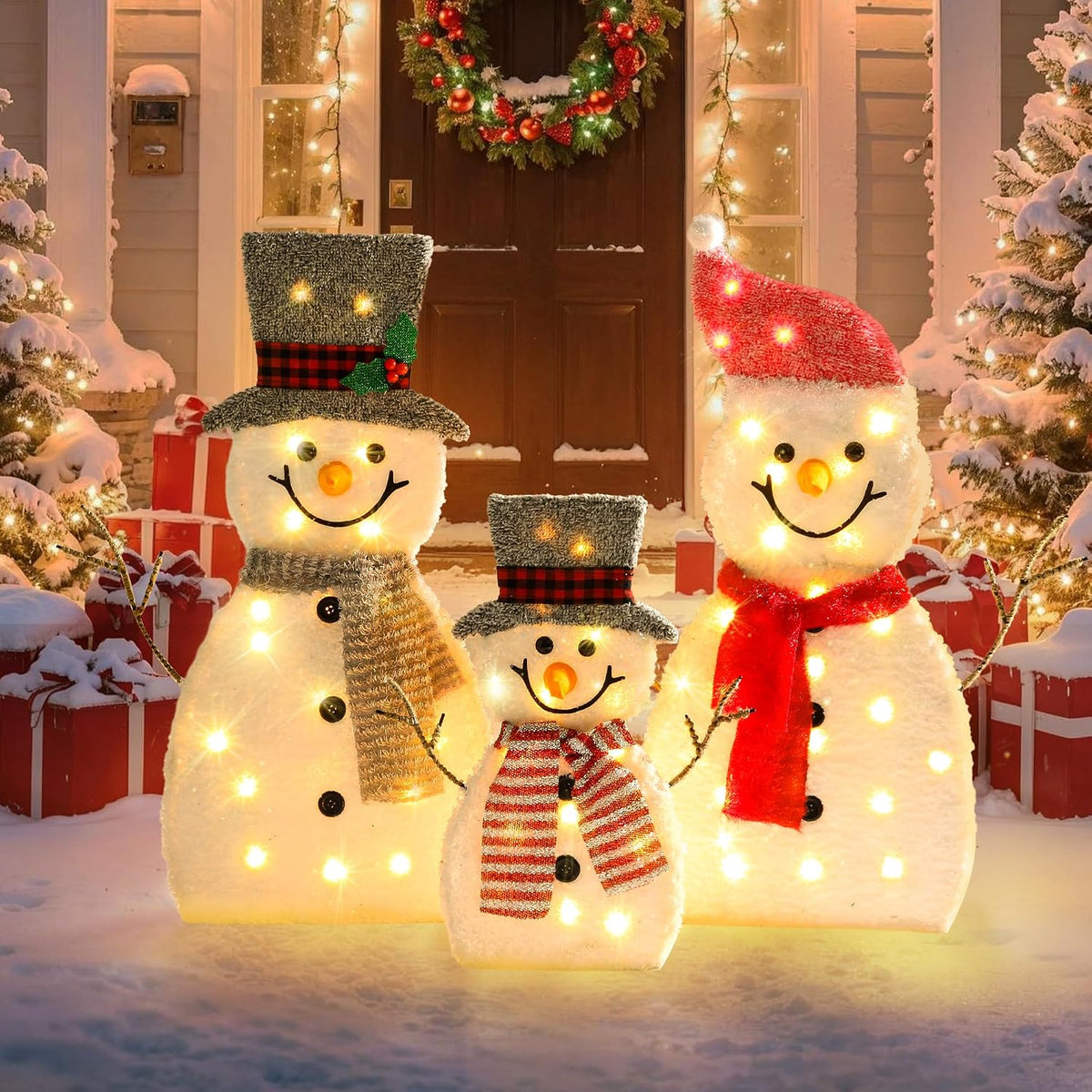 GENIMO 3-Piece 2D Snowman Outdoor Christmas Decorations,70 LED Lights,30 in / Lighted Snowman Family with
