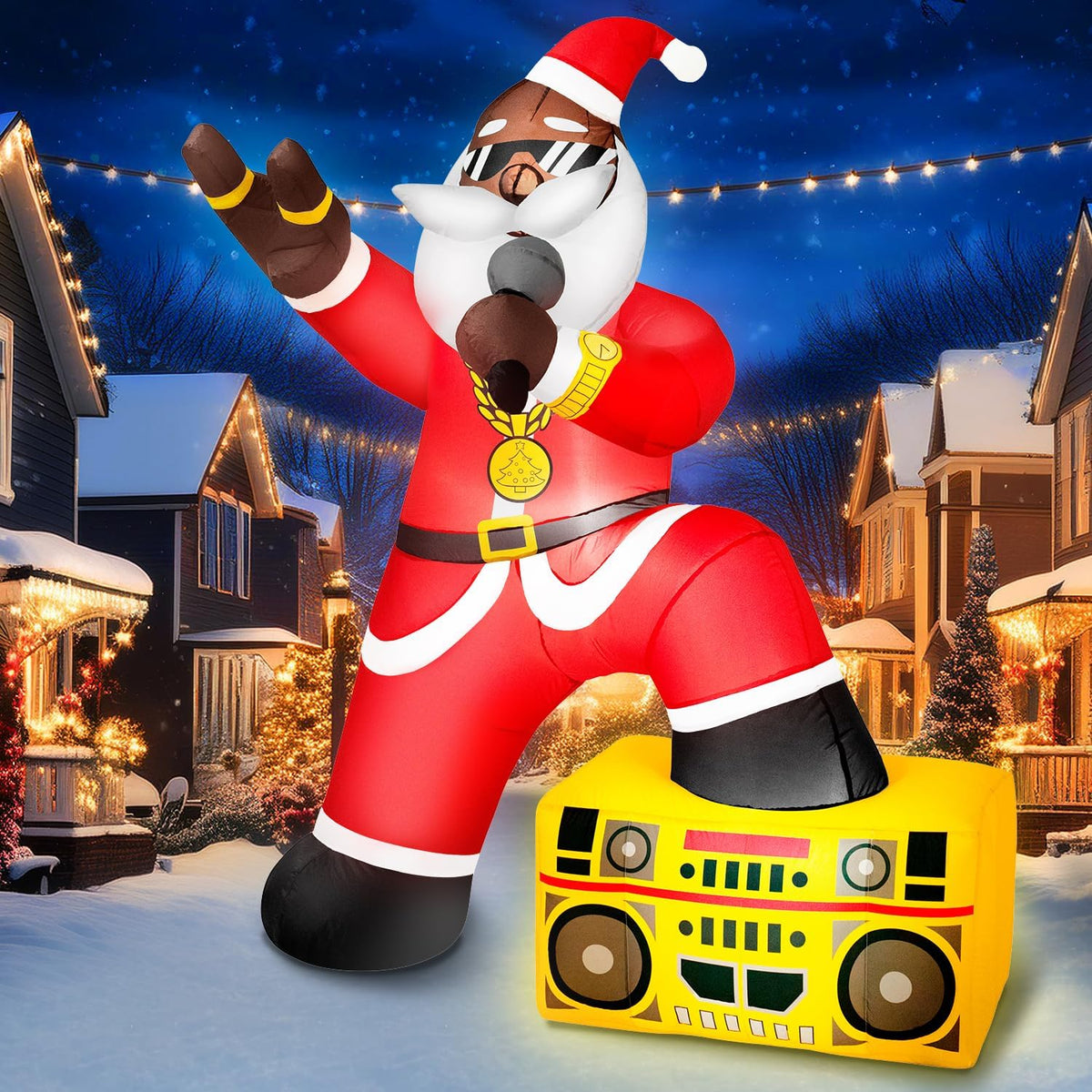 fotako 6FT Christmas Inflatables Decoration Outdoor Black Santa Claus Hip-pop Rapper Christmas Blow Up Yard