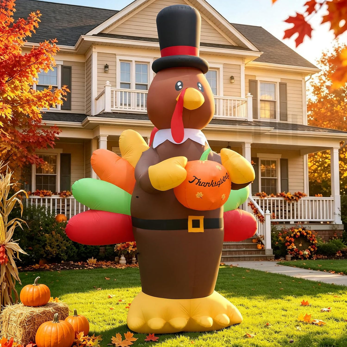 14FT Thanksgiving Inflatables Outdoor Decorations, Giant Inflatable Turkey with Built-in Bright LED Lights &