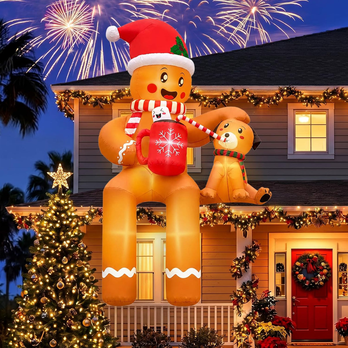 AerWo 16 FT Giant Christmas Inflatables Gingerbread Christmas Decorations / Sitting Gingerbread Inflatable