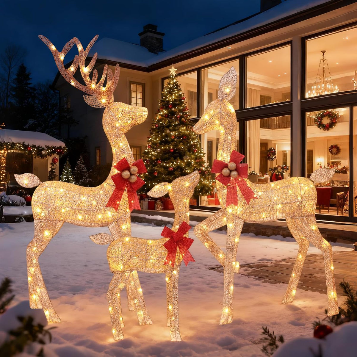 3-Piece Lighted Christmas Deer Family - HOLILITE 4.5ft 3D Pre-Lit Reindeer Outdoor Decorations with 210 LED Lights, Yard/G...