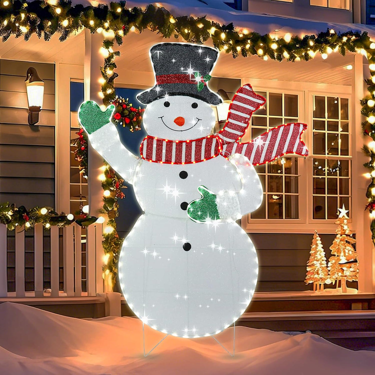 VCUTEKA Christmas Outdoor Decorations - 5.3FT Christmas Glittering Snowman with Red Scarf and Black Hat LED